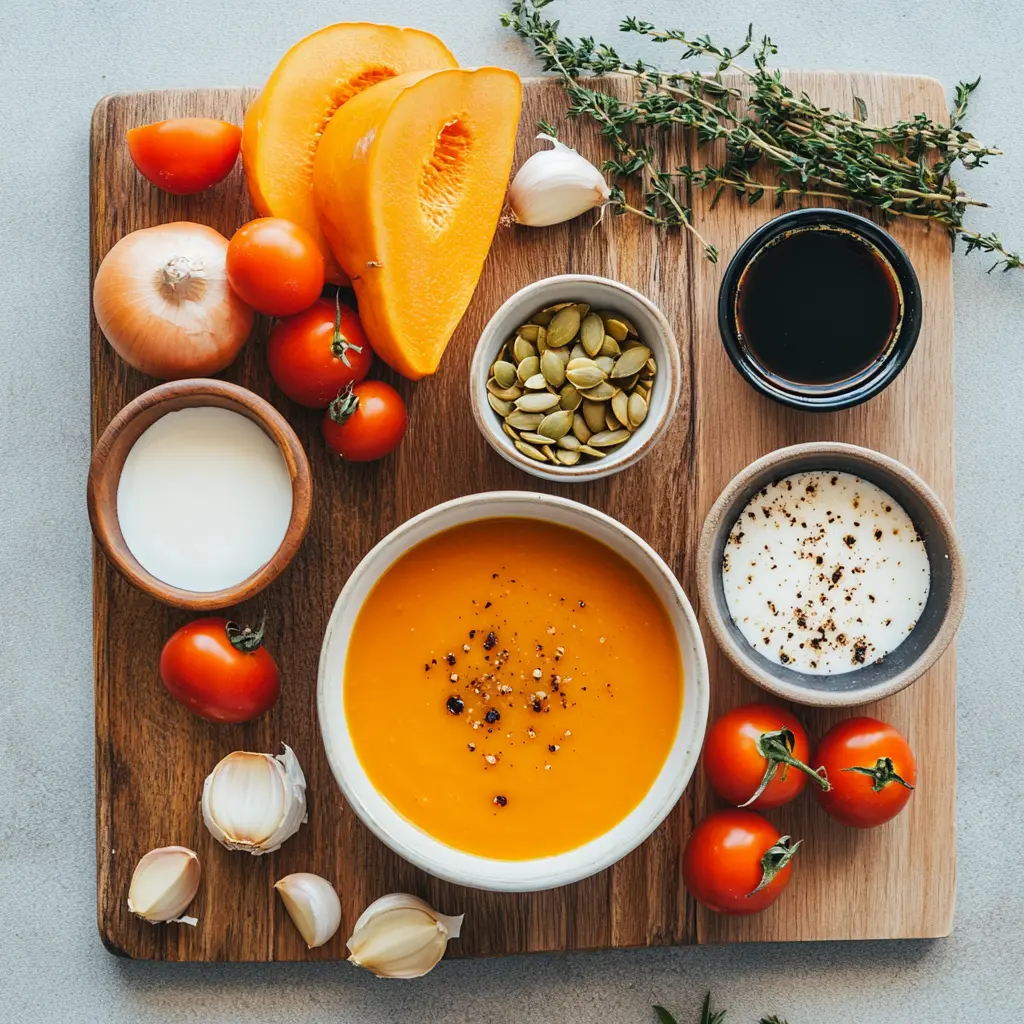 CREAMY ROASTED PUMPKIN AND TOMATO SOUP centered hero view, clean and uncluttered