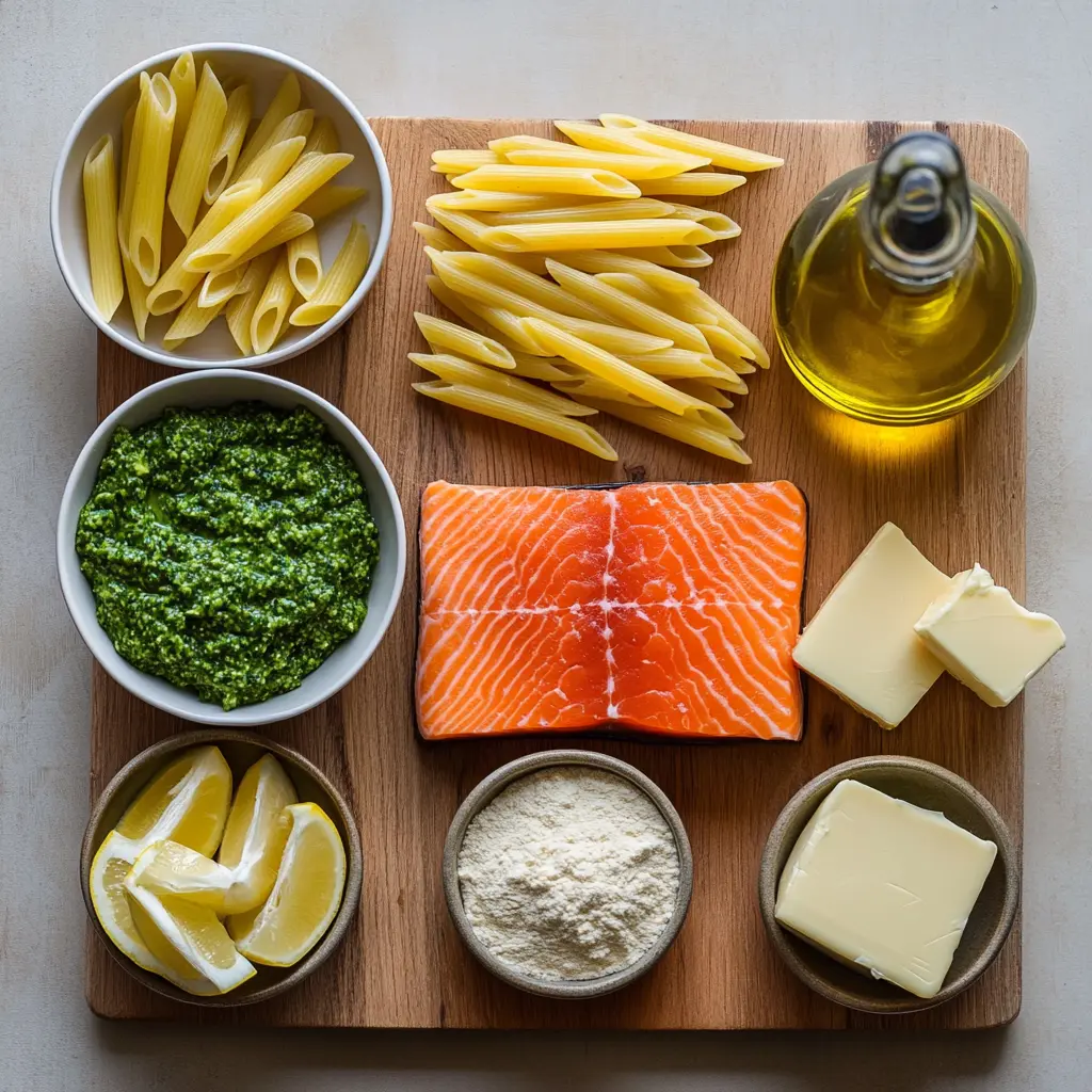Creamy Salmon Pesto Pasta Recipe: Irresistibly Quick Dinner 5 A beautifully arranged overhead shot of all the key ingredients for creamy salmon pesto pasta, including fresh salmon fillets, basil pesto, pasta, heavy cream, lemon, and various seasonings.