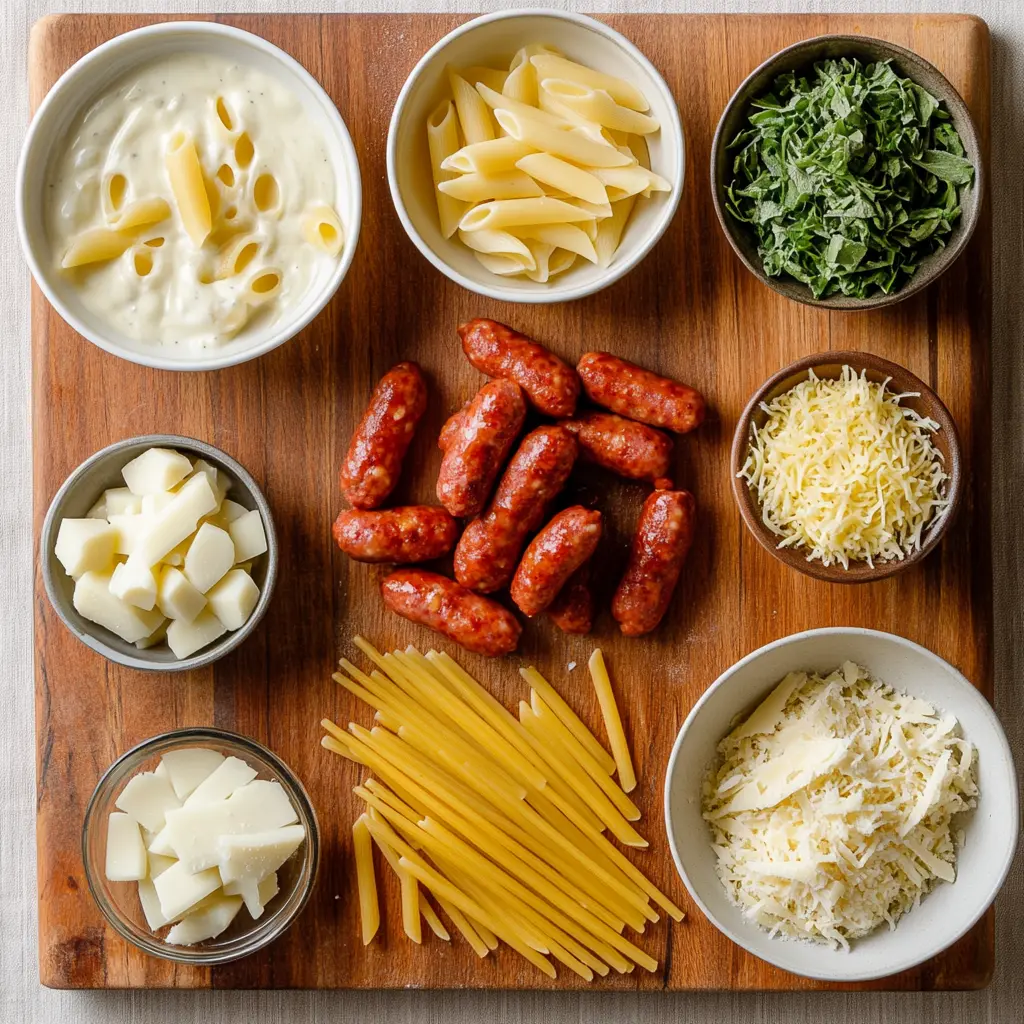 CREAMY SMOKED SAUSAGE PASTA centered hero view, clean and uncluttered