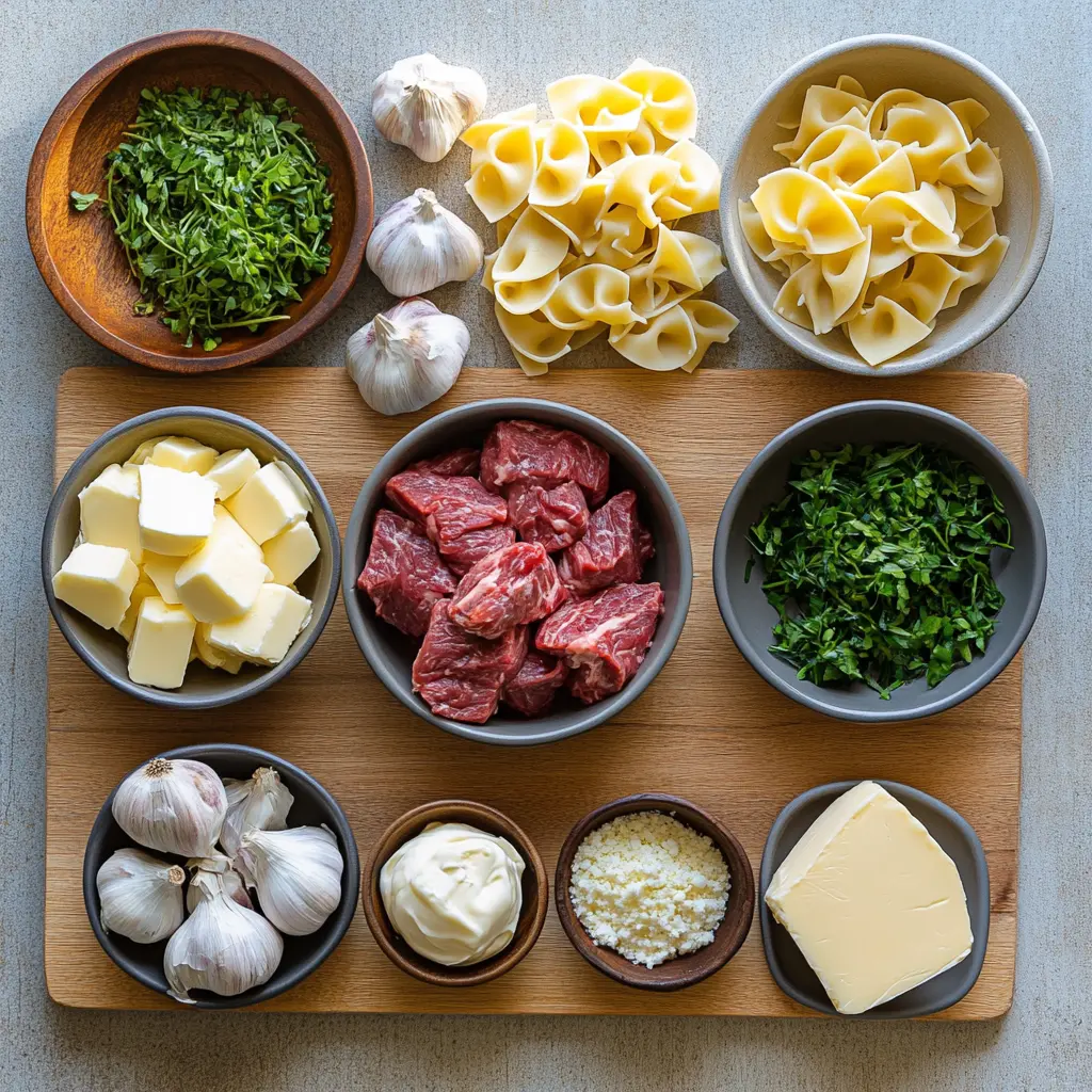 Creamy Steak Pasta: Easy and Irresistible Dinner Bliss 5 A flat lay of fresh ingredients for Creamy Steak Pasta, including raw steak, pasta, Parmesan, heavy cream, garlic, and Italian herbs.