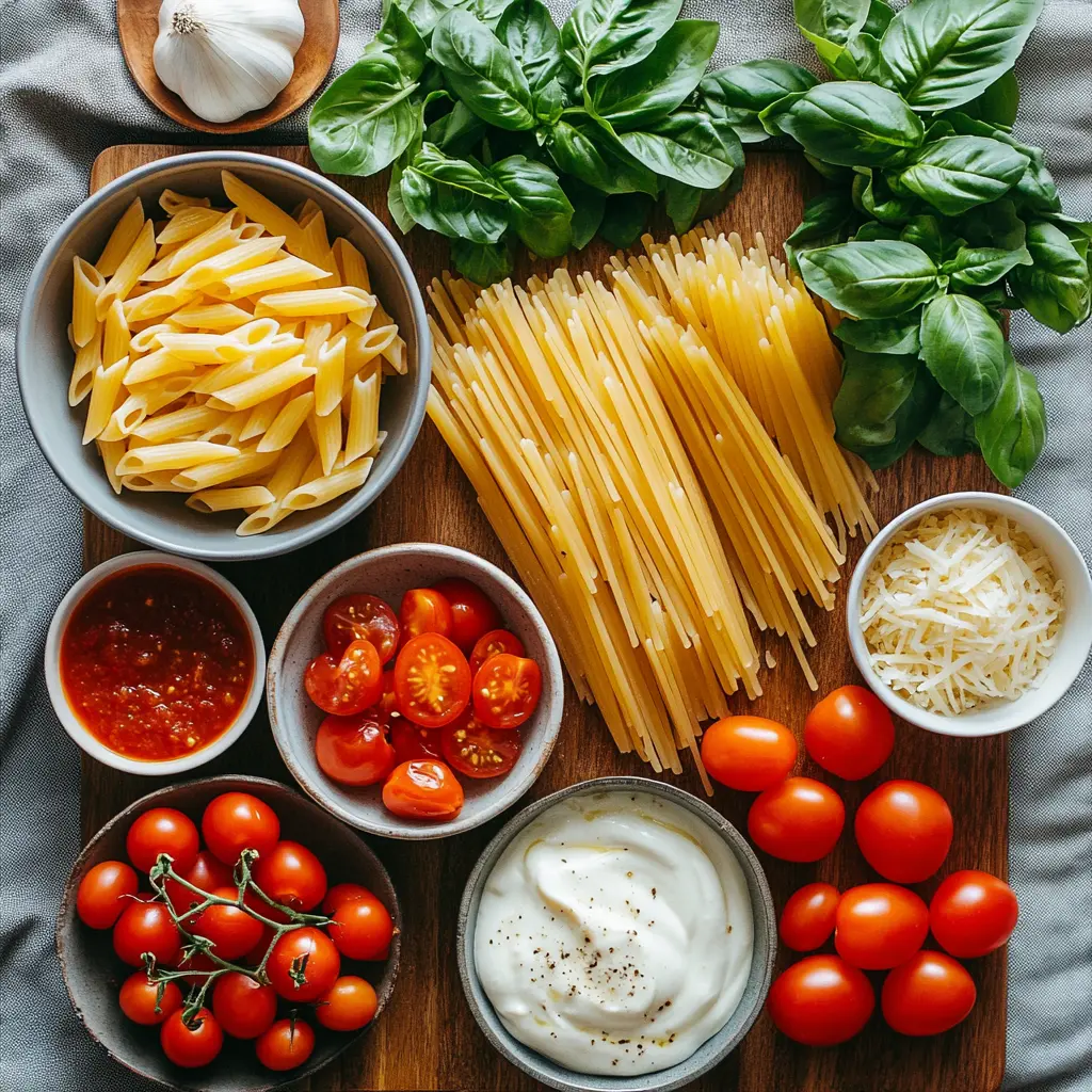 Creamy Tomato Pasta dish in a skillet, garnished with fresh basil. Top-down, clean view.