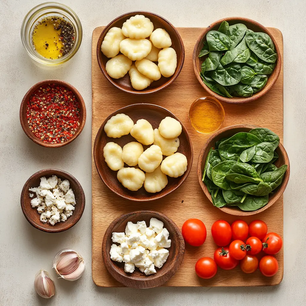 CRISPY GNOCCHI SPINACH AND FETA centered hero view, clean and uncluttered