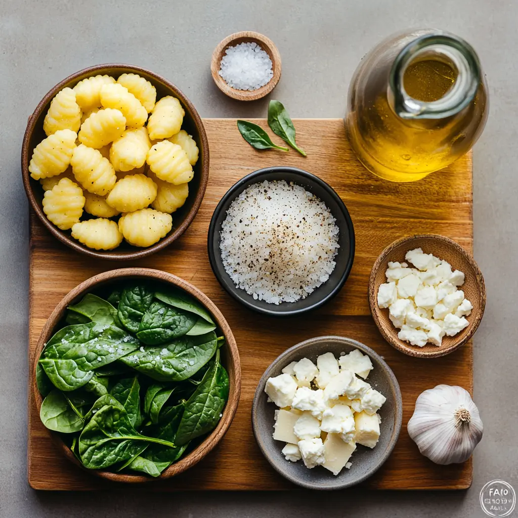 A close-up of a skillet filled with crispy gnocchi, vibrant wilted spinach, and crumbled feta cheese, ready to serve.