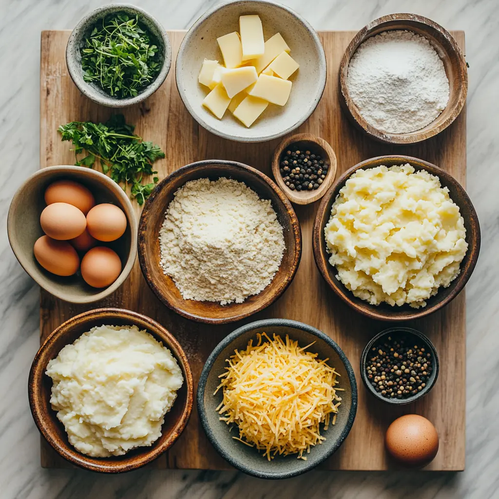 Arrangement of ingredients for Crispy Mashed Potato Cheese Puffs, including mashed potatoes, shredded cheese, eggs, flour, and breadcrumbs, on a clean surface