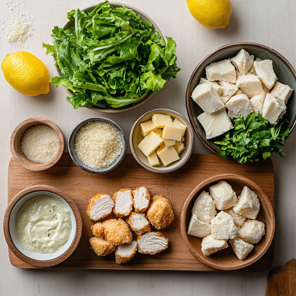 Ingredients laid out for a Crunchy Chicken Caesar Sandwich, including chicken, romaine, and dressing