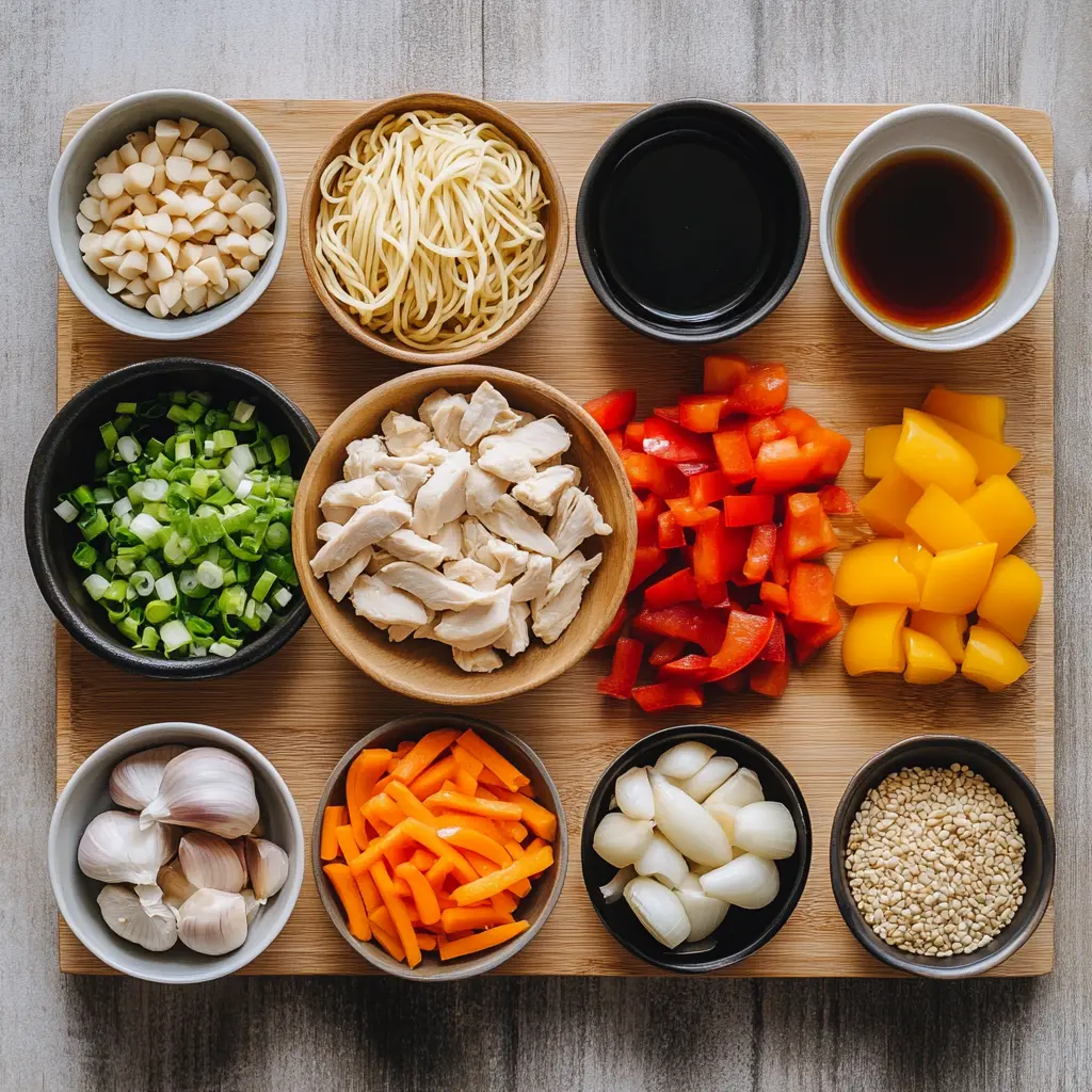 Delicious Chicken Lo Mein Easy Quick Recipe Secrets 5 A steaming bowl of Chicken Lo Mein, featuring tender chicken, colorful bell peppers, green onions, and perfectly coated noodles.