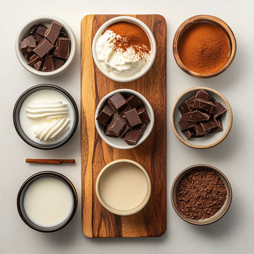 Disneyland Hot Chocolate Recipe: Easy Best Cozy Treat 5 Arrangement of ingredients for Disneyland's Hot Chocolate Recipe, including milk, cocoa powder, chocolate, and vanilla extract.