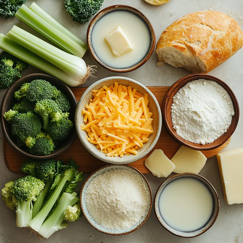 A hearty bowl of creamy Easy Broccoli Cheddar Soup, garnished with fresh broccoli florets and a sprinkle of shredded cheddar cheese, with crusty bread on the side.