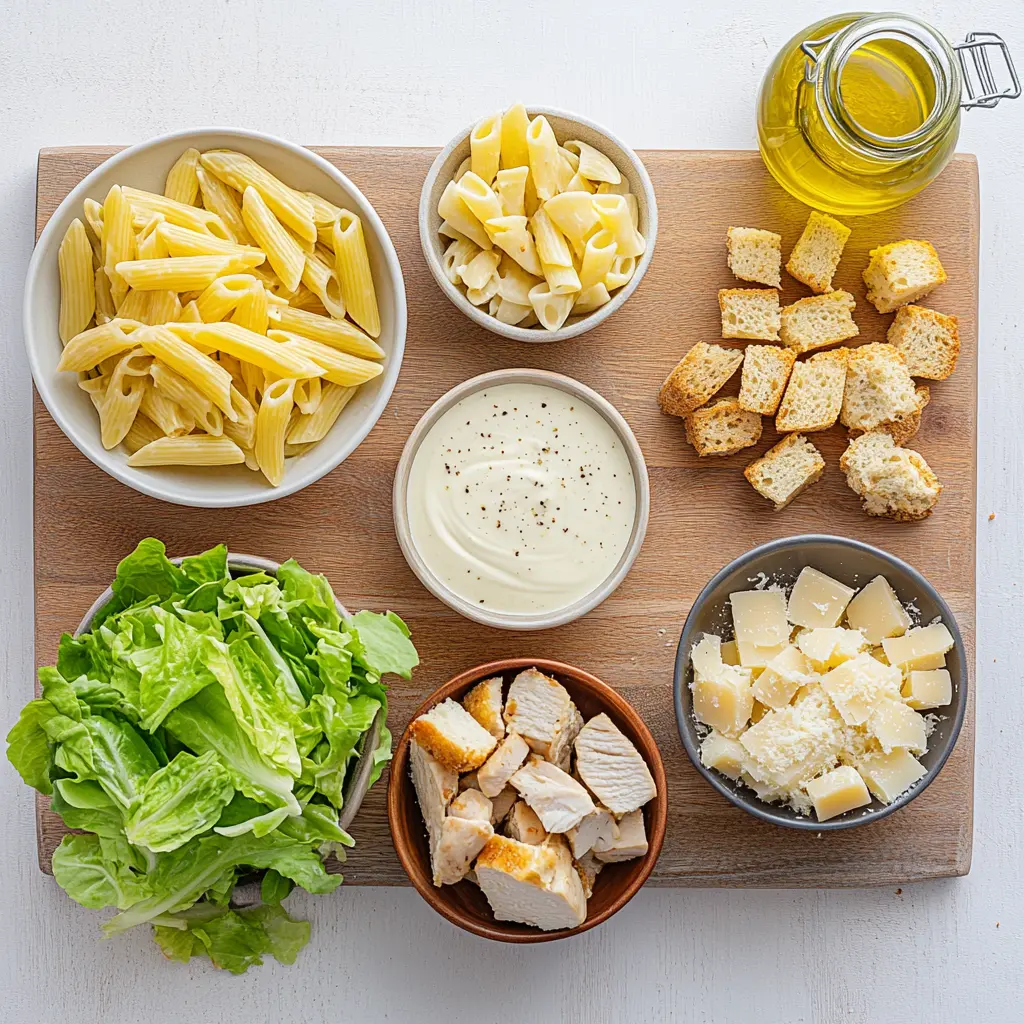 A vibrant, easy Chicken Caesar Pasta Salad served in a large, rustic bowl, garnished with fresh parsley.