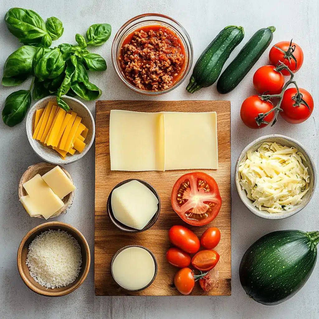 Hearty Easy Healthy Lasagna ingredients laid out, featuring lean ground beef, fresh zucchini, ripe tomatoes, and various cheeses