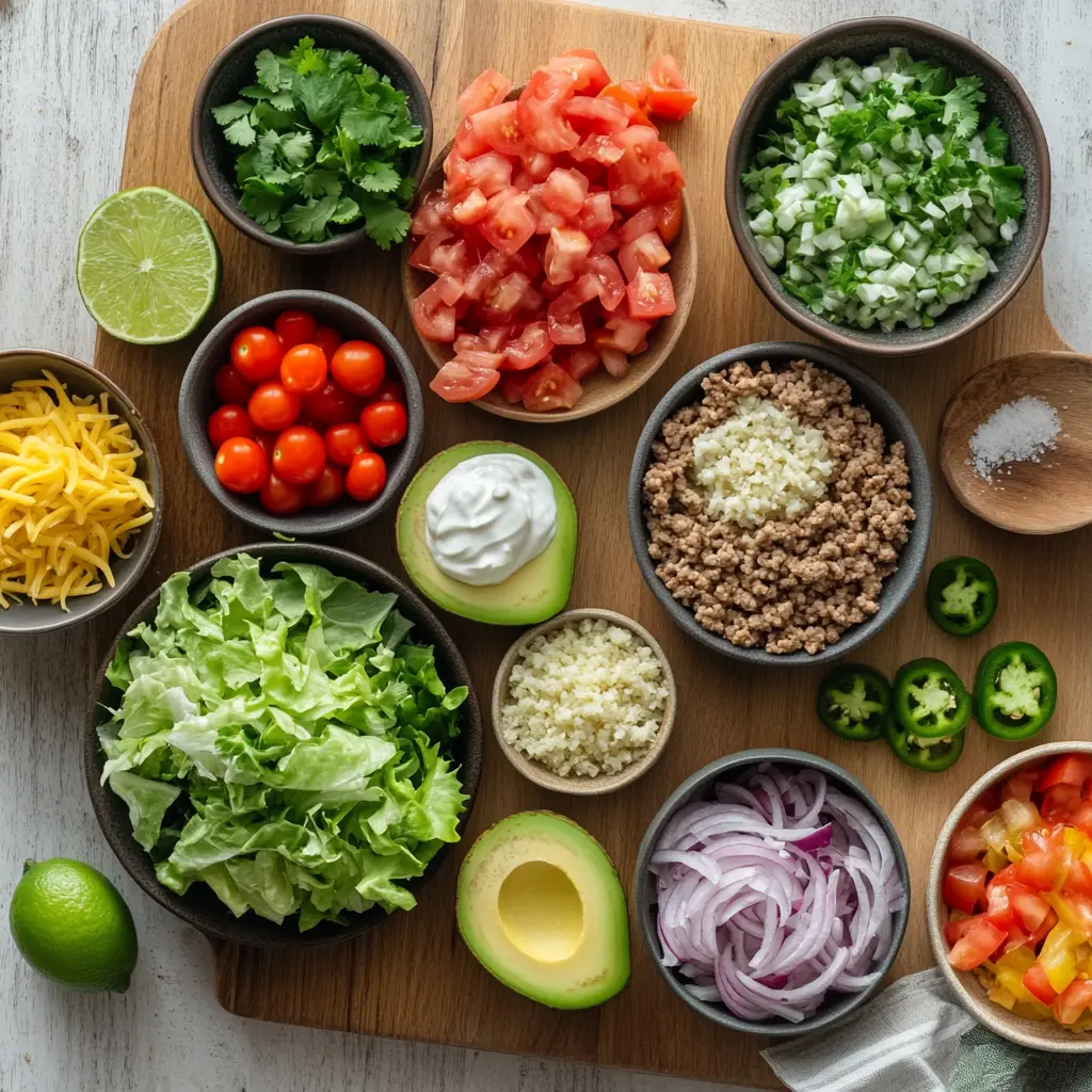 A vibrant Easy Low Carb Burrito Bowl featuring seasoned ground beef, cauliflower rice, fresh avocado, salsa, and cilantro.