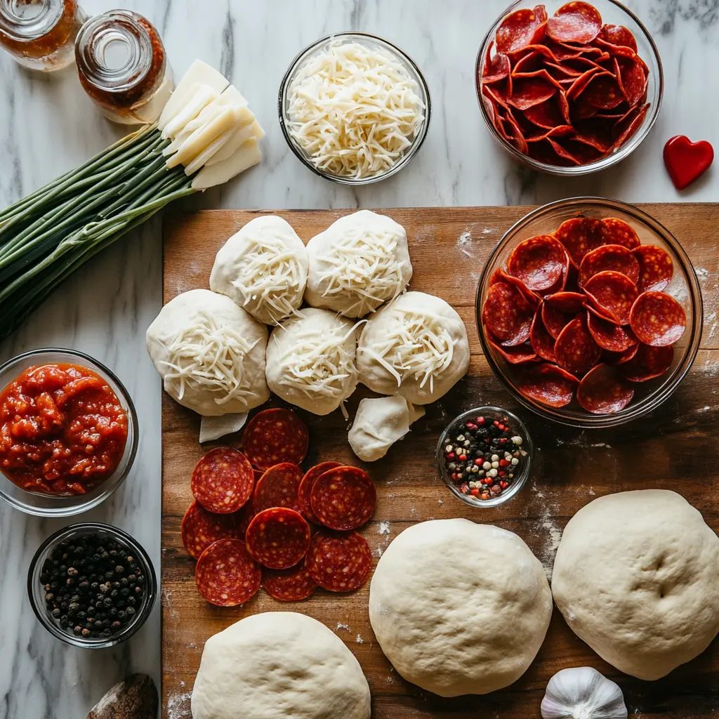 Easy Pizza Roses for Valentines Day: Irresistible Treat 5 Ingredients for Easy Pizza Roses, including crescent dough, pepperoni, mozzarella cheese slices, and marinara sauce.