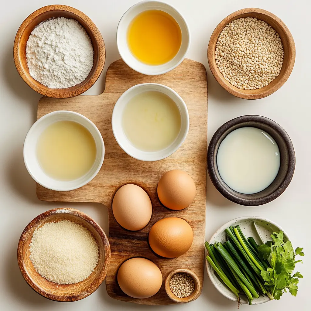 Ingredients for homemade egg drop soup laid out on a clean surface, featuring chicken broth, eggs, cornstarch, and green onions
