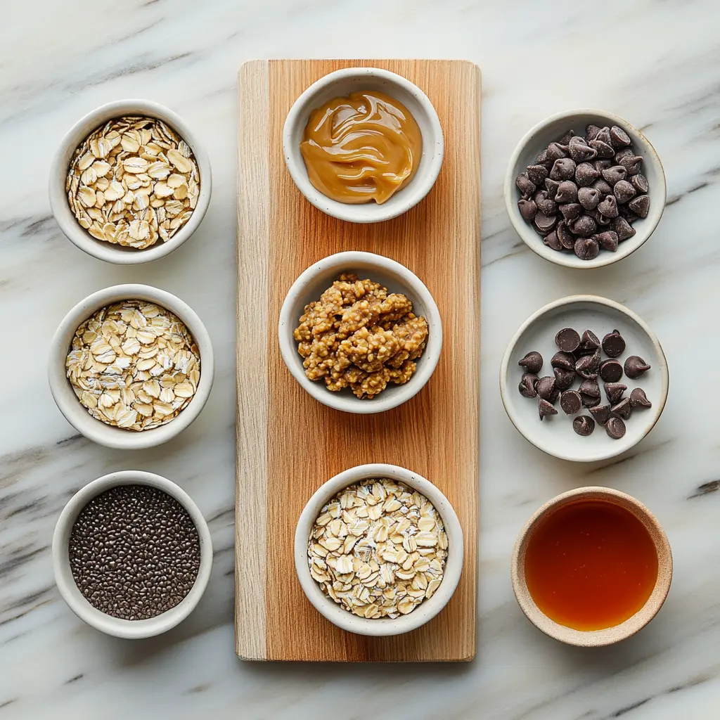 Vibrant ingredients for no-bake energy oatmeal balls including rolled oats, creamy peanut butter, golden honey, and mini chocolate chips, artfully arranged on a clean white surface.