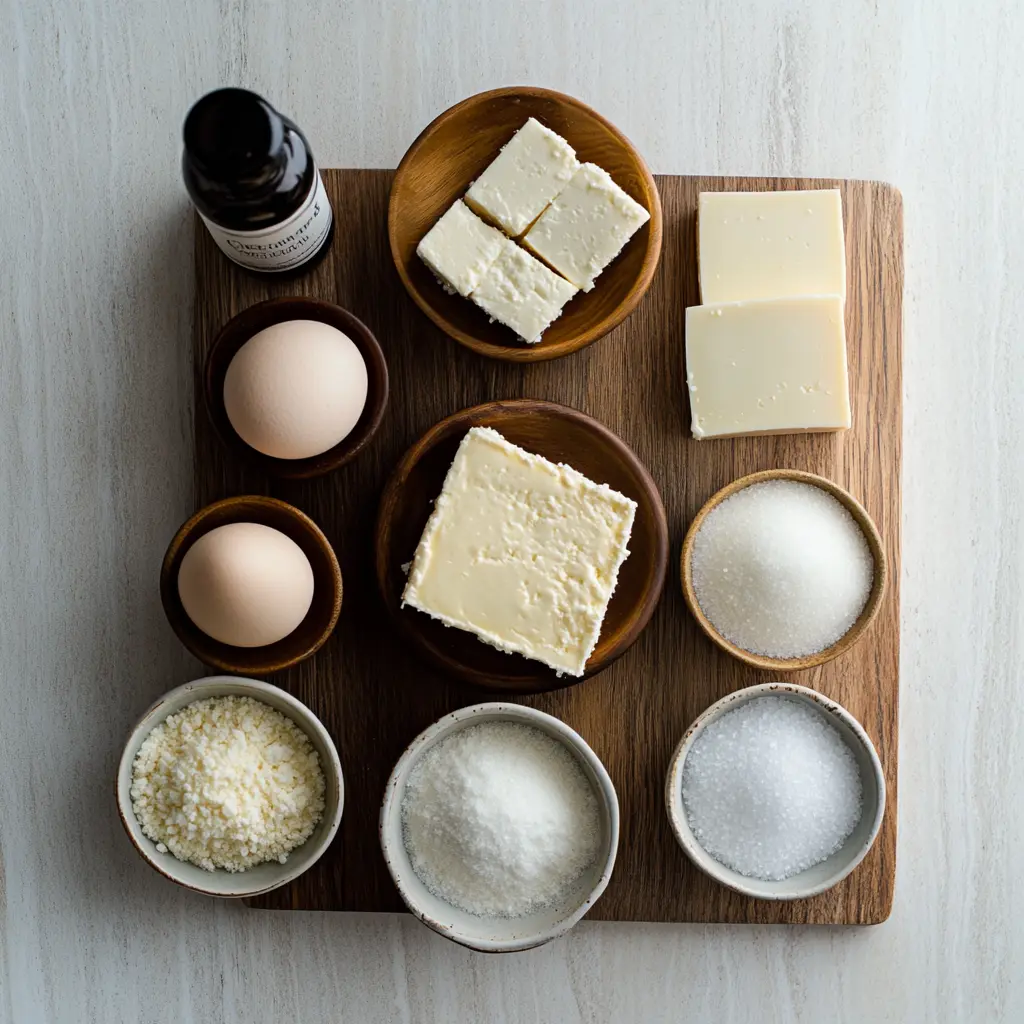 A freshly baked fluffy crustless cheesecake, golden on top, with a smooth, creamy texture.