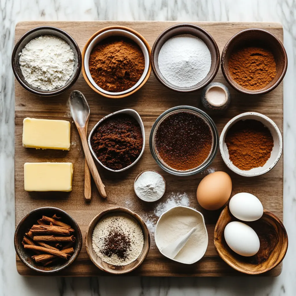 Gingerbread Brownies: Cozy Holiday Recipe You Need 5 Arrangement of key ingredients for Gingerbread Brownies, including molasses, cocoa powder, spices, and brown sugar, on a rustic wooden surface.