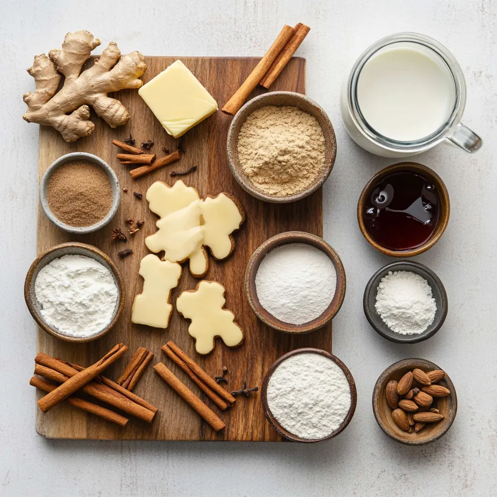 Gingerbread Man Cookies Recipe Easy Tantalizing Guide 4 Overhead view of various ingredients for gingerbread man cookies including molasses, flour, spices like cinnamon and ginger, and brown sugar.