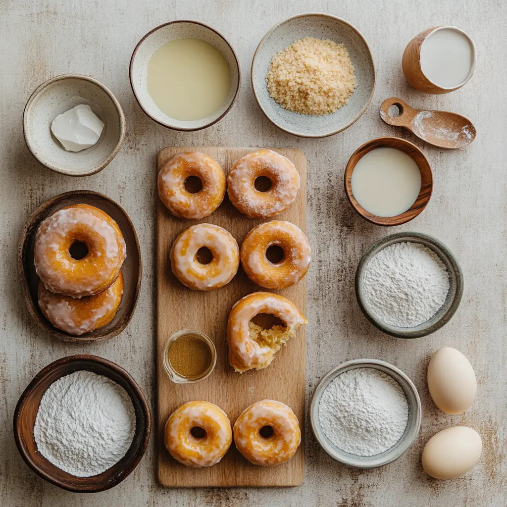A beautifully arranged stack of freshly made Glazed Air Fryer Donuts, golden brown and coated with a smooth vanilla glaze.