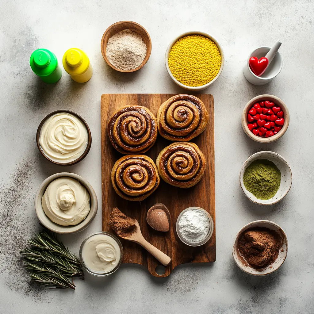Ingredients for Grinch Cinnamon Rolls, including canned rolls, frosting, food coloring, and candy hearts