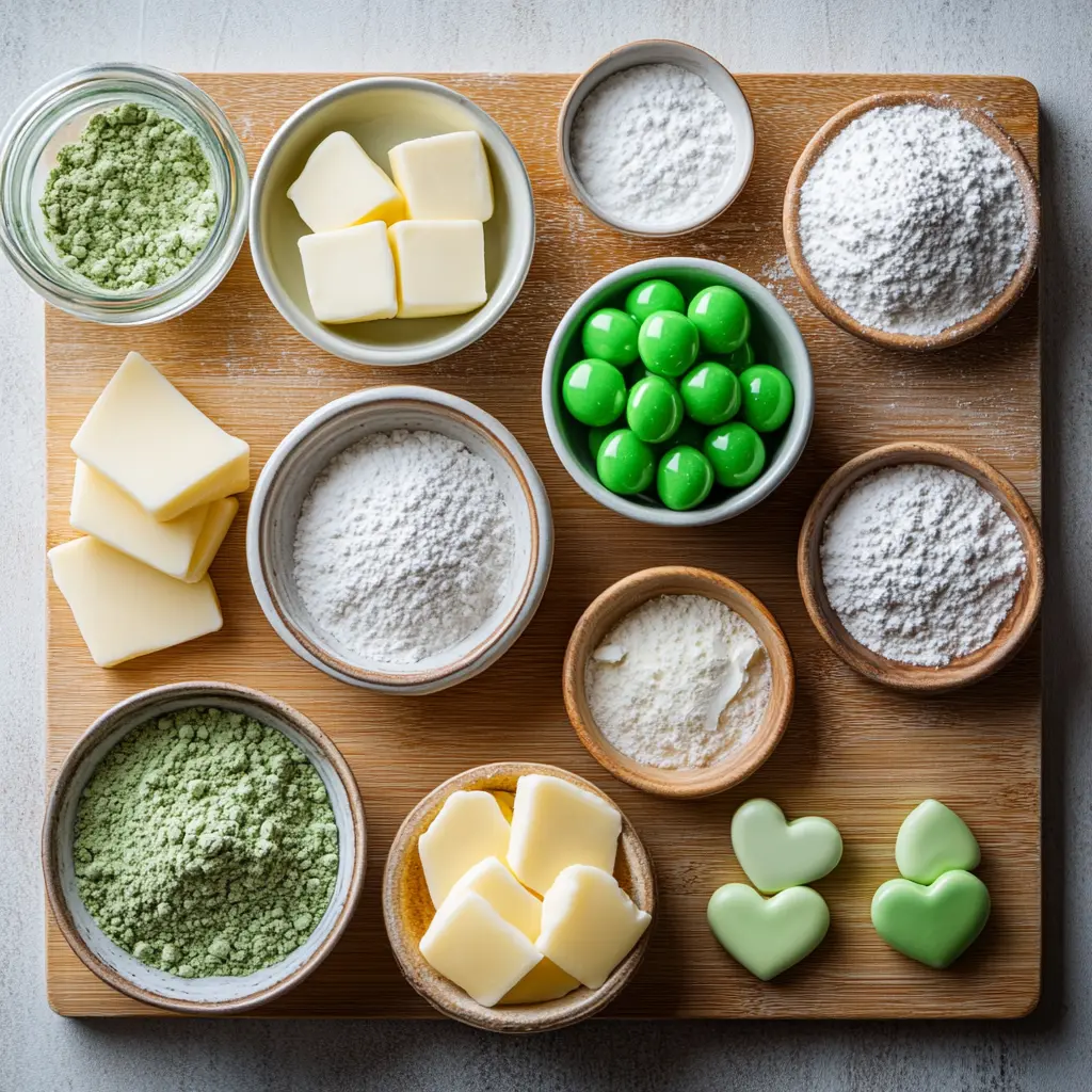 Vibrant green Grinch Cookies with red gumdrop hearts, dusted with powdered sugar, arranged on a festive plate.