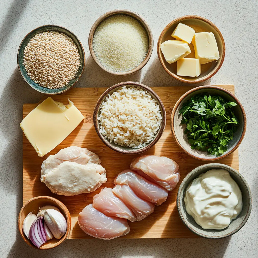 High Protein Creamy Cajun Chicken Rice Recipe to Love 5 A vibrant overhead view of ingredients for High Protein Creamy Cajun Chicken Rice, featuring chicken breast, rice, Cajun seasoning, cream cheese, milk, and aromatics laid out neatly.