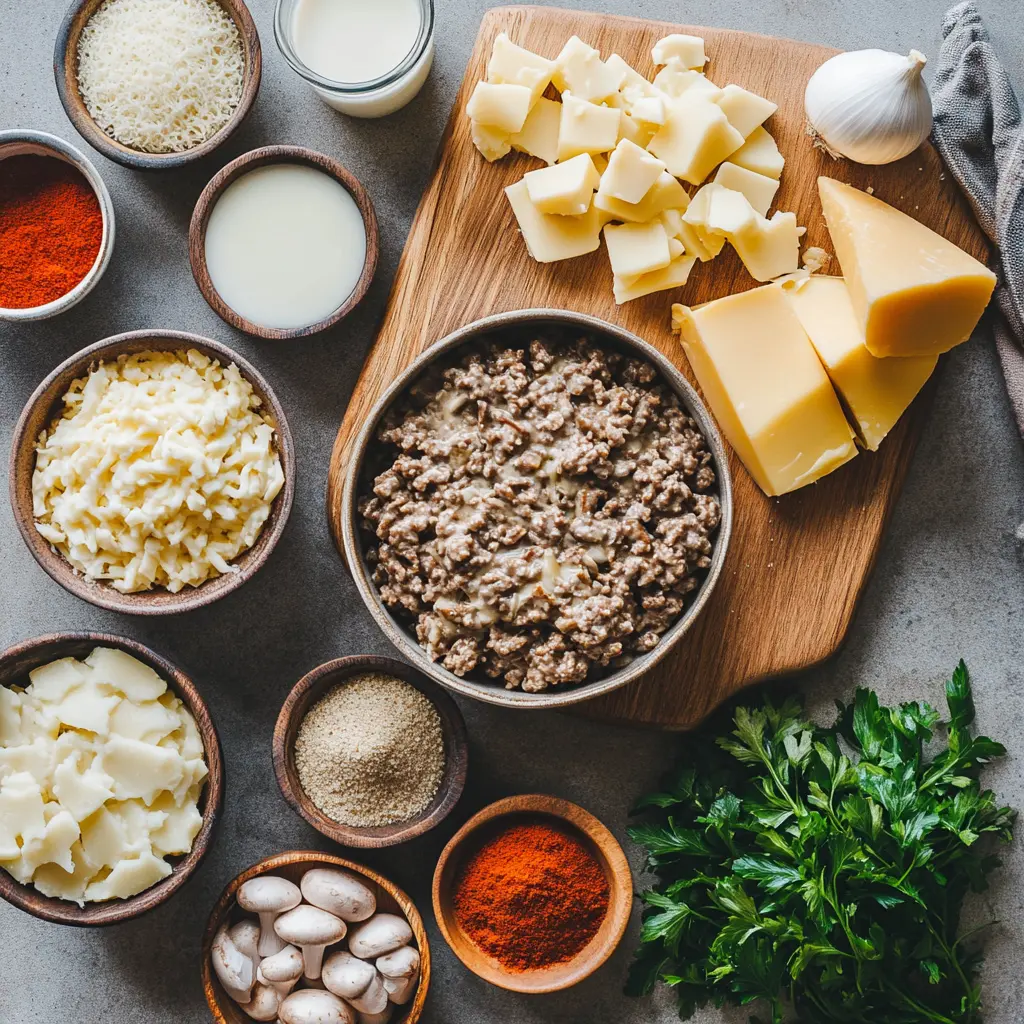 Close-up of hobo casserole ingredients laid out, including ground beef, thinly sliced potatoes, cream of mushroom soup, shredded cheddar cheese, and seasonings.