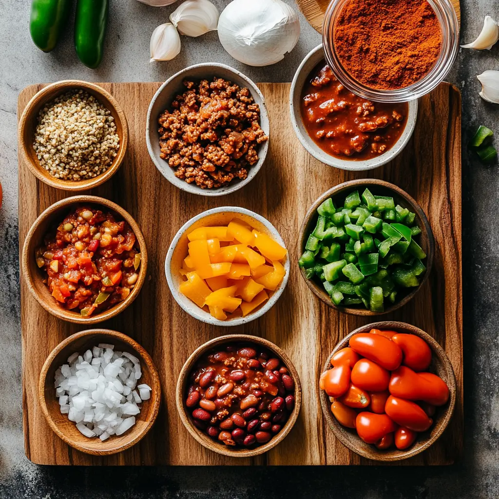 Assortment of fresh ingredients for homemade chili, including ground meat, beans, tomatoes, and spices, laid out on a clean counter.