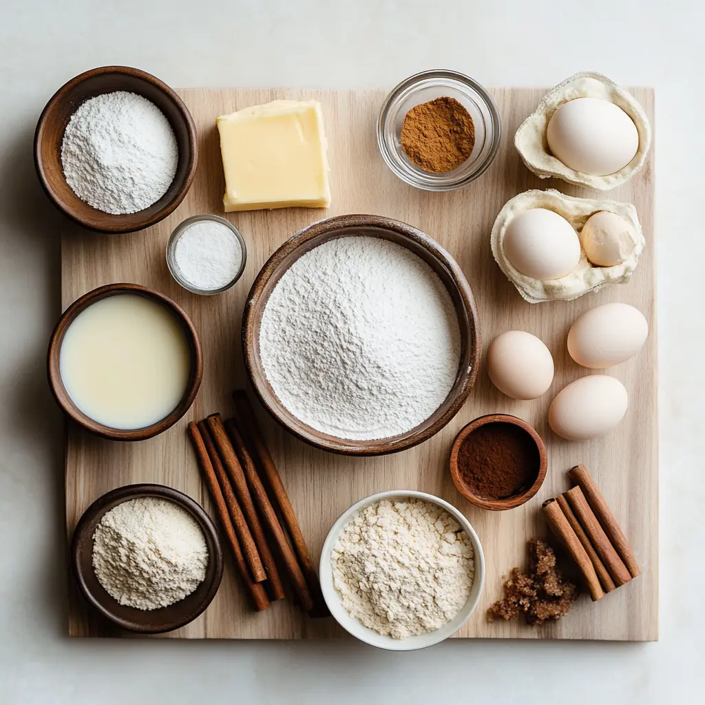 Assortment of baking ingredients for Iced Cinnamon Roll Cake: flour, sugar, eggs, milk, and spices.