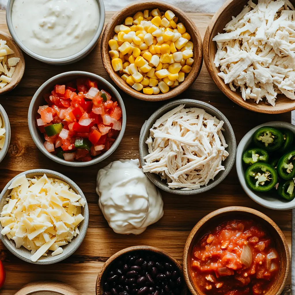 Close-up shot of raw ingredients for Instant Pot White Chicken Chili: chicken breasts, white beans, green chiles, cream cheese, salsa, and spices laid out on a clean surface.