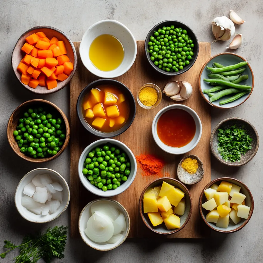 Irish Vegetarian Stew: Cozy and Delicious Recipe Guide 5 A close-up, overhead shot of a steaming bowl of Irish Vegetarian Stew, garnished with fresh parsley and served with a side of crusty bread, on a rustic wooden table.
