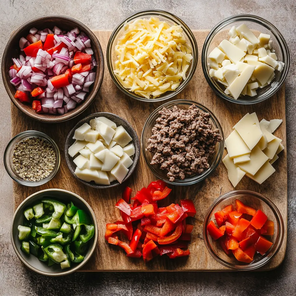 Low Carb Philly Cheesesteak Casserole: Delicious Recipe 4 A close-up view of a baked Low Carb Philly Cheesesteak Casserole, bubbly and golden brown, with melted provolone and mozzarella on top, featuring slices of green and red bell peppers and savory beef.