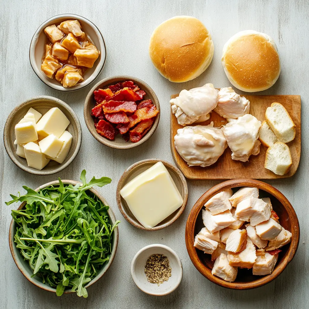Maple Chicken Bacon Sliders: a close-up, top-down view of fully assembled sliders with melted brie and fresh arugula.