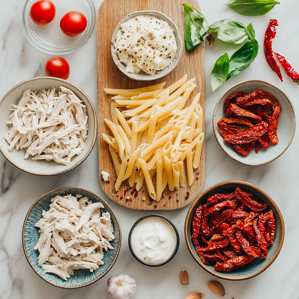 A flat lay image showing all ingredients for Marry Me Chicken Pasta: chicken breasts, fettuccine, sun-dried tomatoes, heavy cream, Parmesan, garlic, herbs, salt, and pepper.