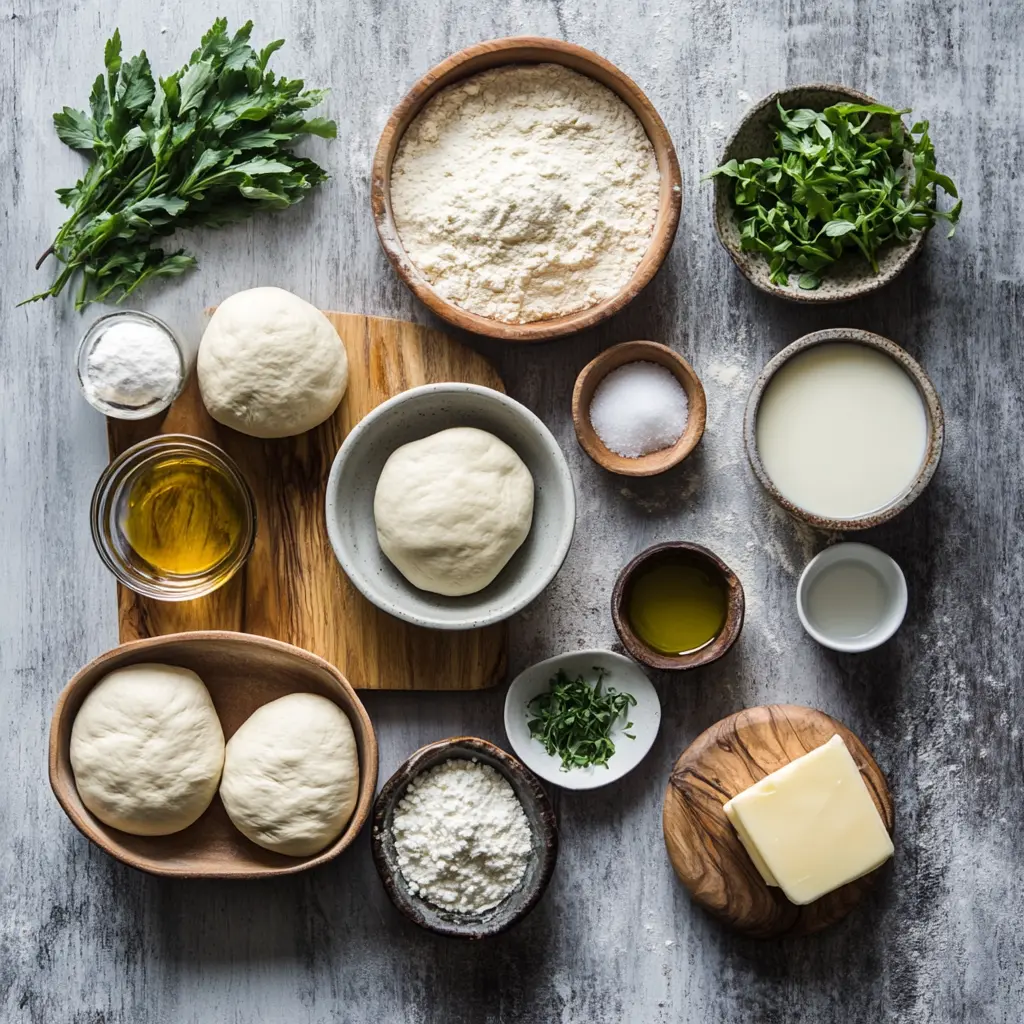 Warm, freshly cooked No-Oven Turkish Bread (Bazlama) with only 3 ingredients, stacked on a wooden board with a sprinkle of herbs and a side of olive oil.