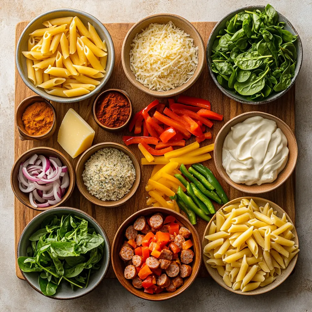 Ingredients for One Pot Creamy Cajun Sausage Pasta laid out on a wooden surface, including smoked sausage, penne, bell peppers, onion, cream, and spices.