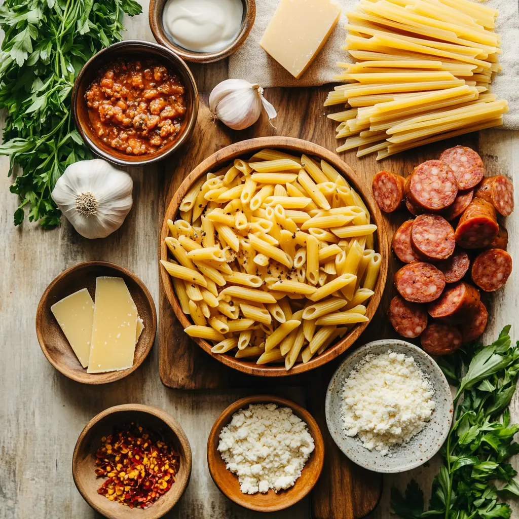 Easy One Pot Kielbasa Pasta: Irresistible Cheesy Delight 6 ONE POT KIELBASA PASTA centered hero view, clean and uncluttered