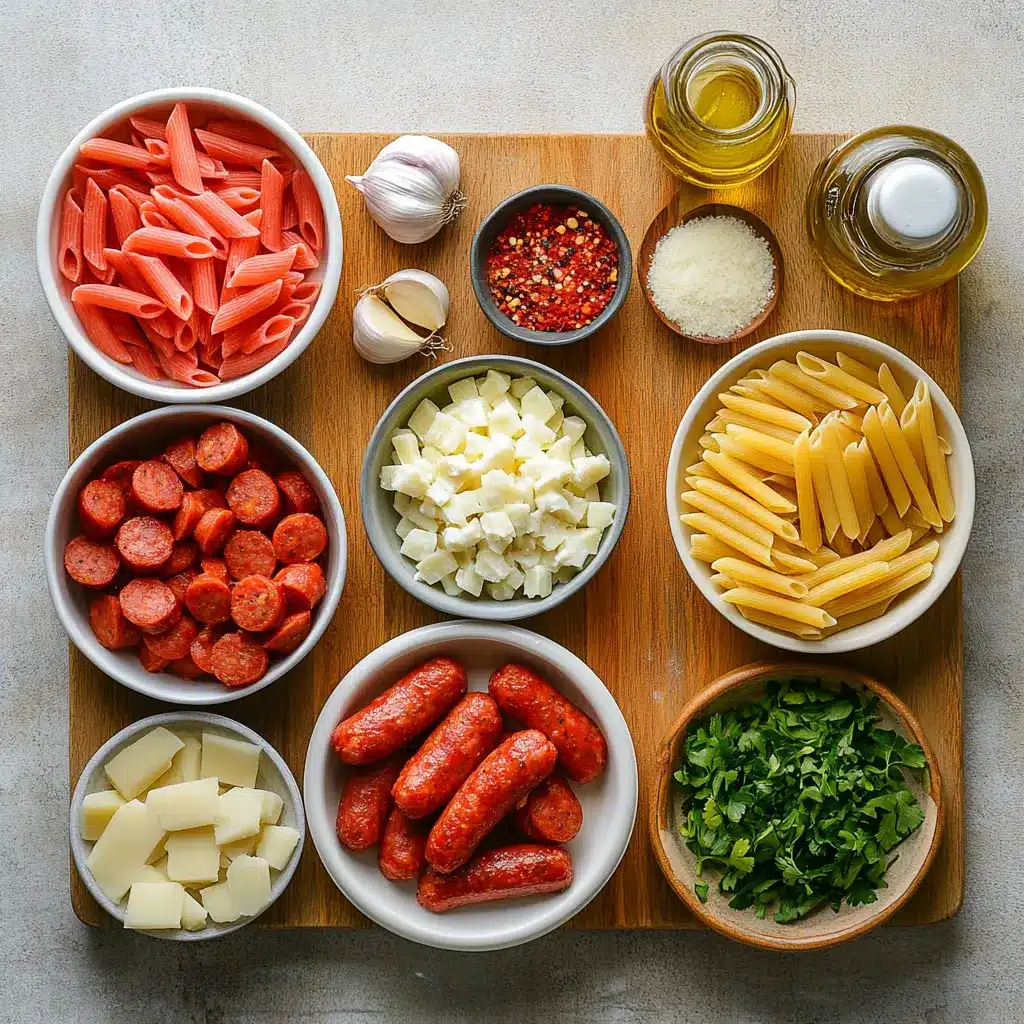 ONE POT KIELBASA PASTA centered hero view, clean and uncluttered