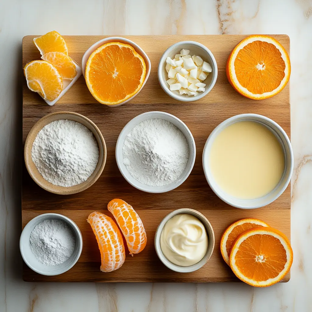 ORANGE CREAMSICLE CAKE ingredients overhead layout