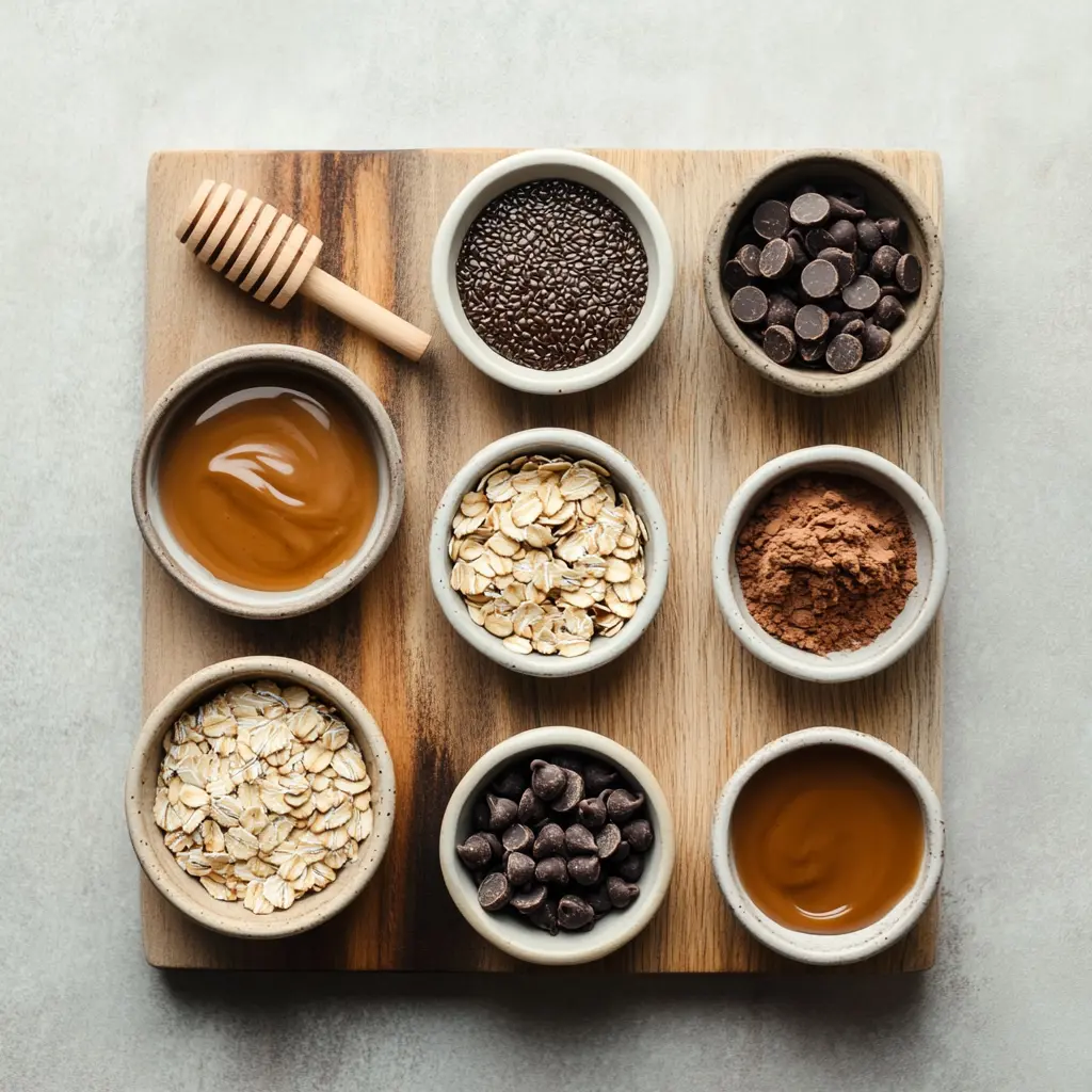 A close-up shot of several homemade Peanut Butter Energy Balls arranged on a rustic wooden surface, with a scattering of oats, mini chocolate chips, and a spoon in the background, highlighting their chewy texture.