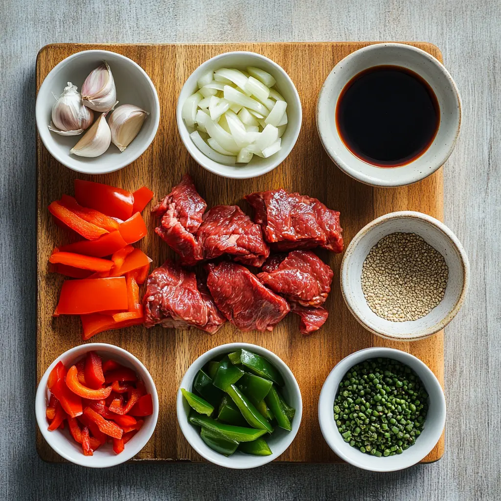 Close-up view of a vibrant Pepper Steak Stir Fry with tender beef, colorful bell peppers, and onions in a rich glossy sauce, served with rice.