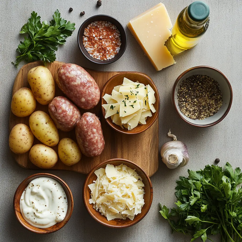 How to Make Potatoes Smoked Sausage Skillet 6 Close-up of a bubbling sheet pan of golden roasted potatoes and smoky sausage, generously topped with melted cheddar cheese and fresh parsley