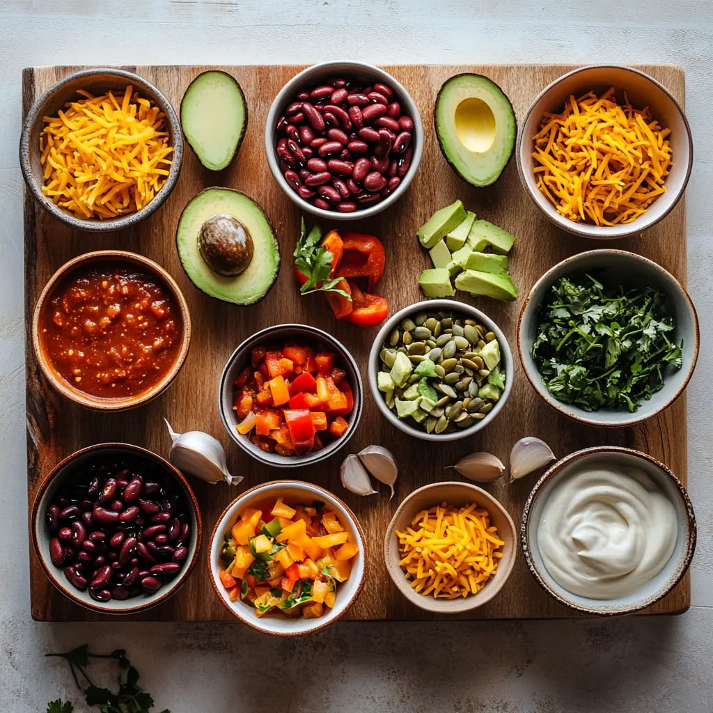 Pumpkin Chili Recipe for a Delicious Cozy Fall Feast 5 Arrangement of fresh ingredients for pumpkin chili, including canned pumpkin puree, various beans, spicy Italian sausage, tomatoes, and spices on a wooden surface.