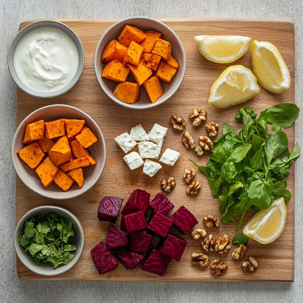 Vibrant Roasted Beet and Sweet Potato Salad with Feta, garnished with fresh herbs and feta crumbles, ready to serve.