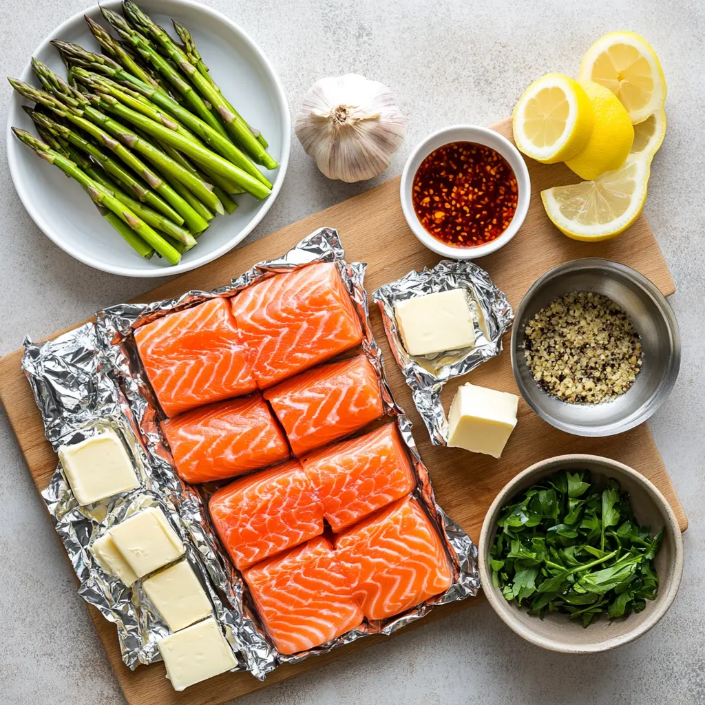 Vibrant overhead shot of Salmon and Asparagus Foil Packs, cooked and garnished with fresh herbs and lemon wedges, ready to serve.