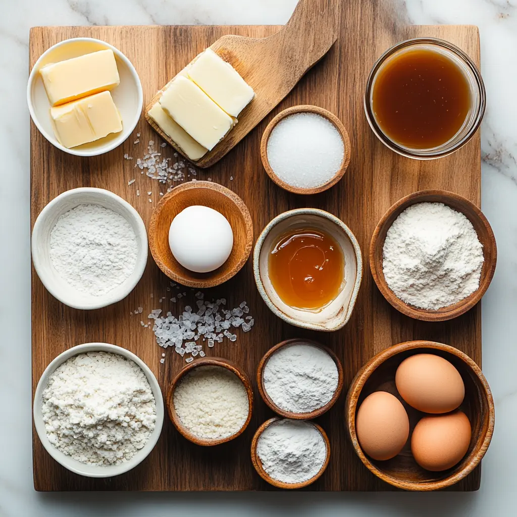 Salted Caramel Cheesecake Cookies Recipe You Need 5 Close-up of ingredients for Salted Caramel Cheesecake Cookies, including butter, sugar, cream cheese, eggs, flour, caramel sauce, and flaky sea salt, laid out on a clean surface.