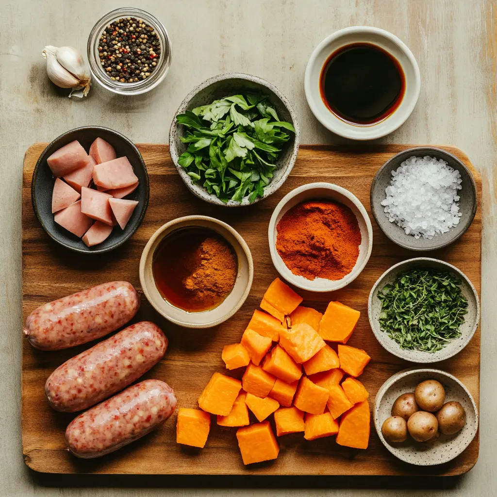 Sausage and Sweet Potatoes - Easy Irresistible Recipe 5 SAUSAGE AND SWEET POTATOES WITH HONEY GARLIC SAUCE centered hero view, clean and uncluttered