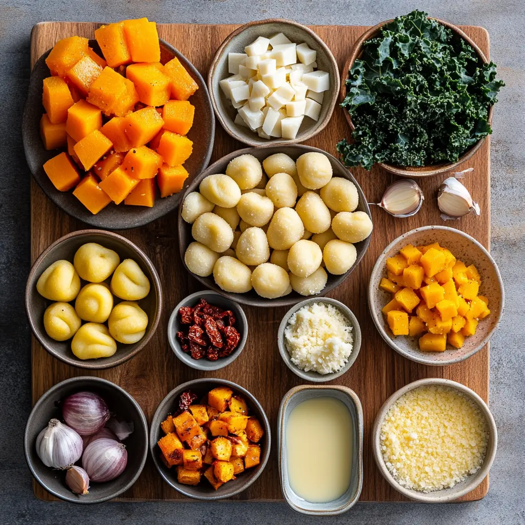 A comforting bowl of Savory Butternut Squash Gnocchi Soup, garnished with fresh herbs and a swirl of cream.