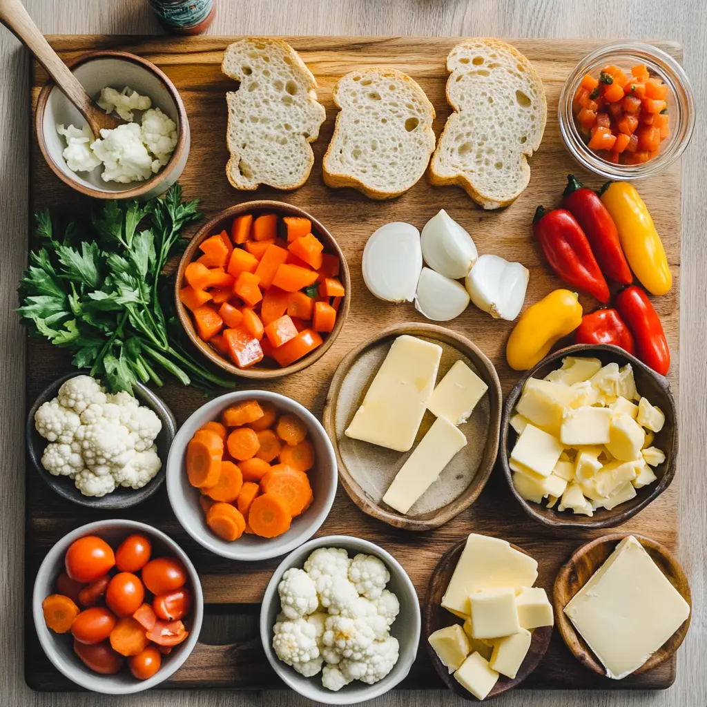 Assorted raw vegetables including bell peppers, carrots, cauliflower, tomatoes, onion, and garlic cloves, drizzled with olive oil and spices on a baking sheet, ready for roasting.