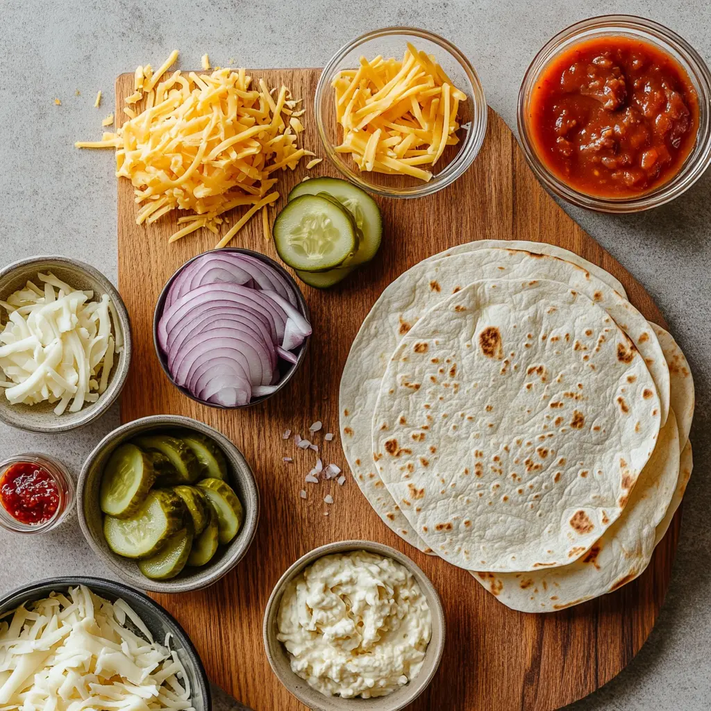 Fresh ingredients for Smashburger Quesadillas, including ground beef, tortillas, cheese, and seasonings, neatly arranged.