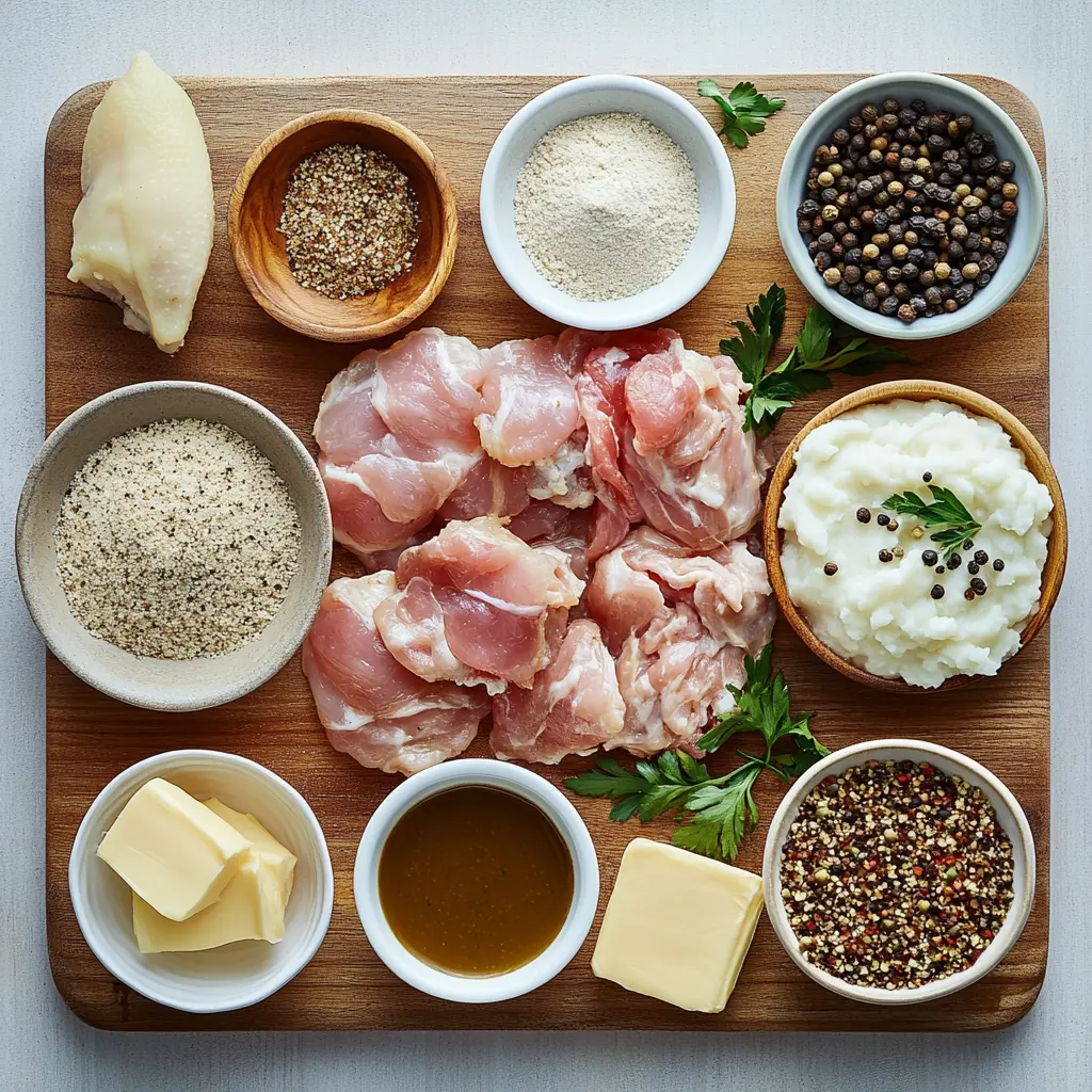 Smothered Chicken Easy and Delicious Recipe to Love 5 A spread of fresh ingredients for Smothered Chicken: boneless chicken breasts, strips of bacon, sliced cremini mushrooms, a yellow onion, a head of garlic, fresh thyme and rosemary, chicken broth, and half-and-half.